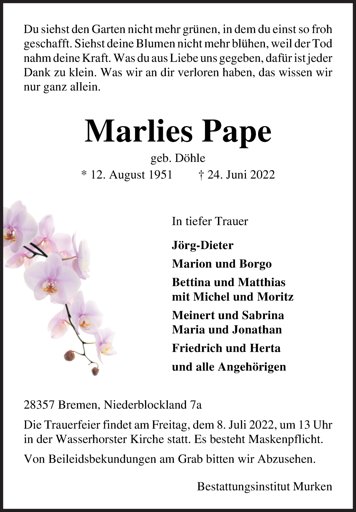 Traueranzeige von Marlies Pape von Wuemme Zeitung