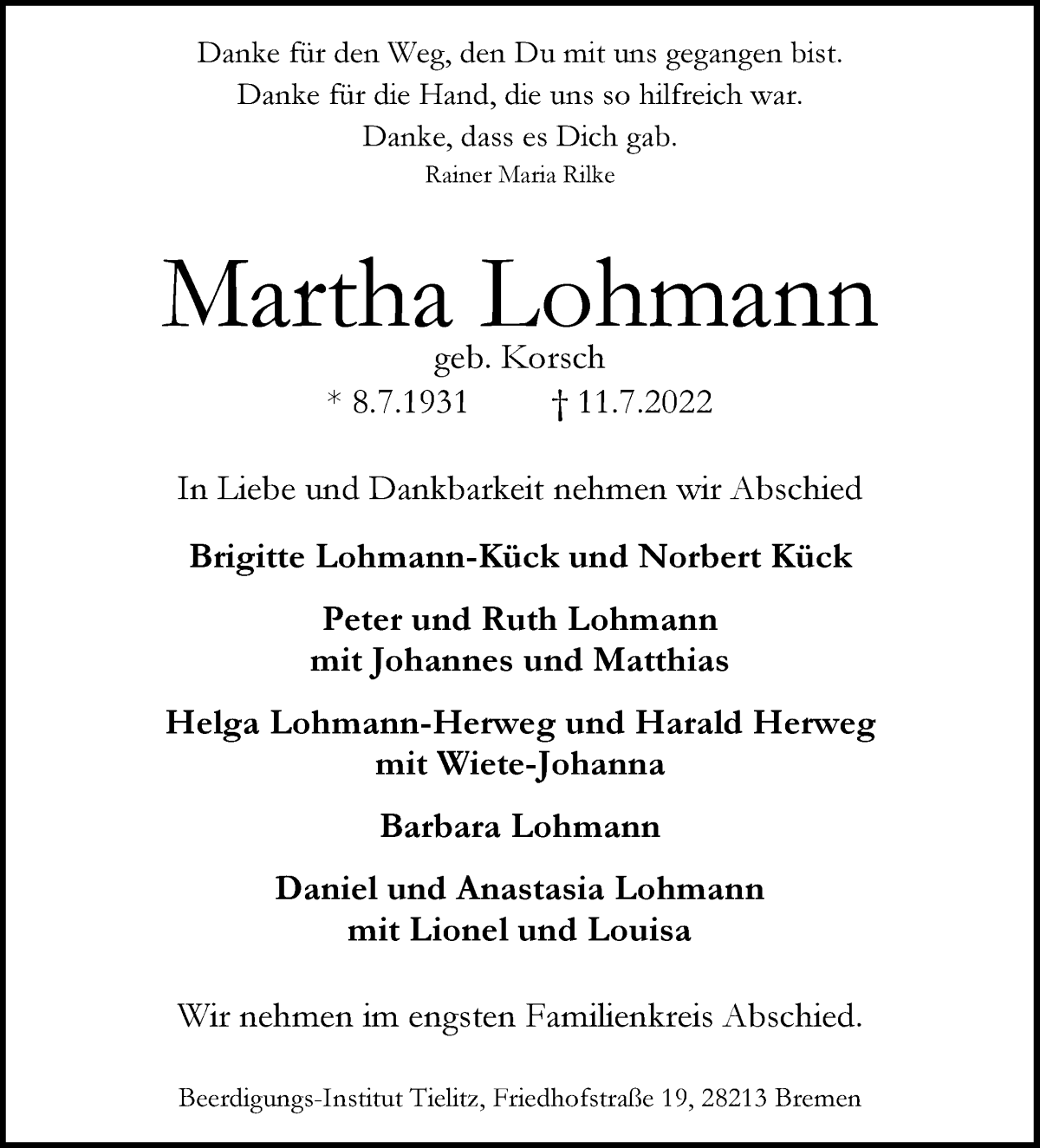 Traueranzeige von Martha Lohmann von WESER-KURIER