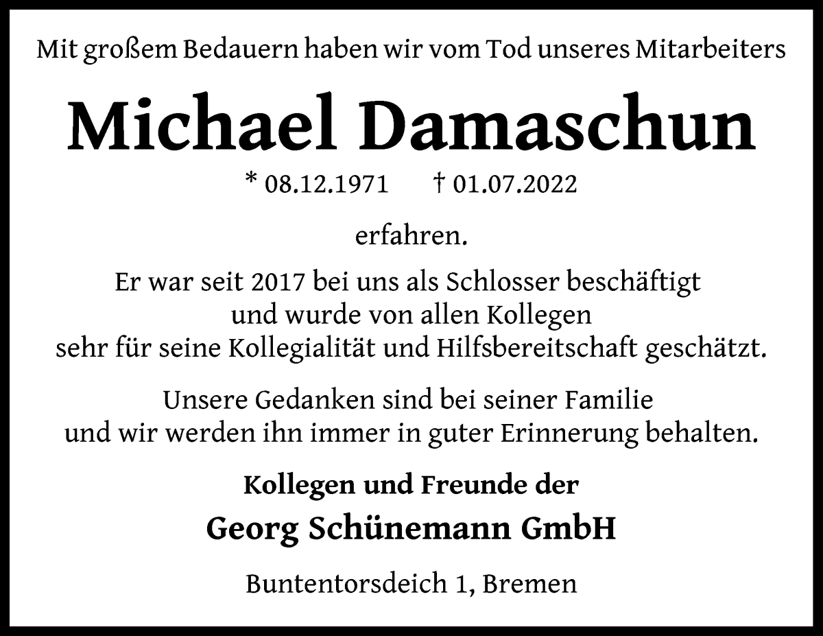 Traueranzeige von Michael Damaschun von WESER-KURIER