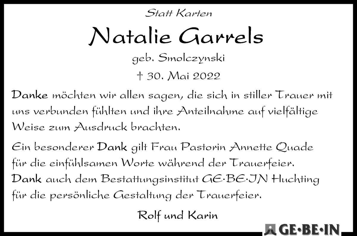 Traueranzeige von Natalie Garrels von WESER-KURIER