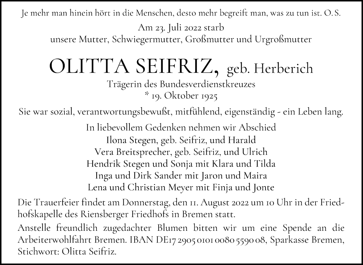 Traueranzeige von Olitta Seifriz von WESER-KURIER