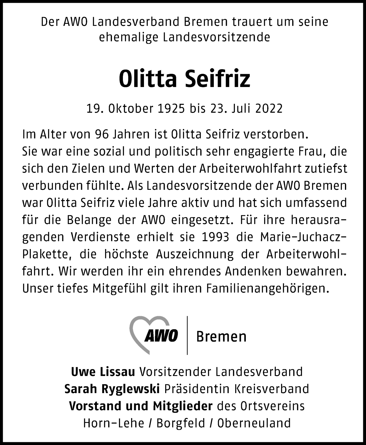 Traueranzeige von Olitta Seifriz von WESER-KURIER