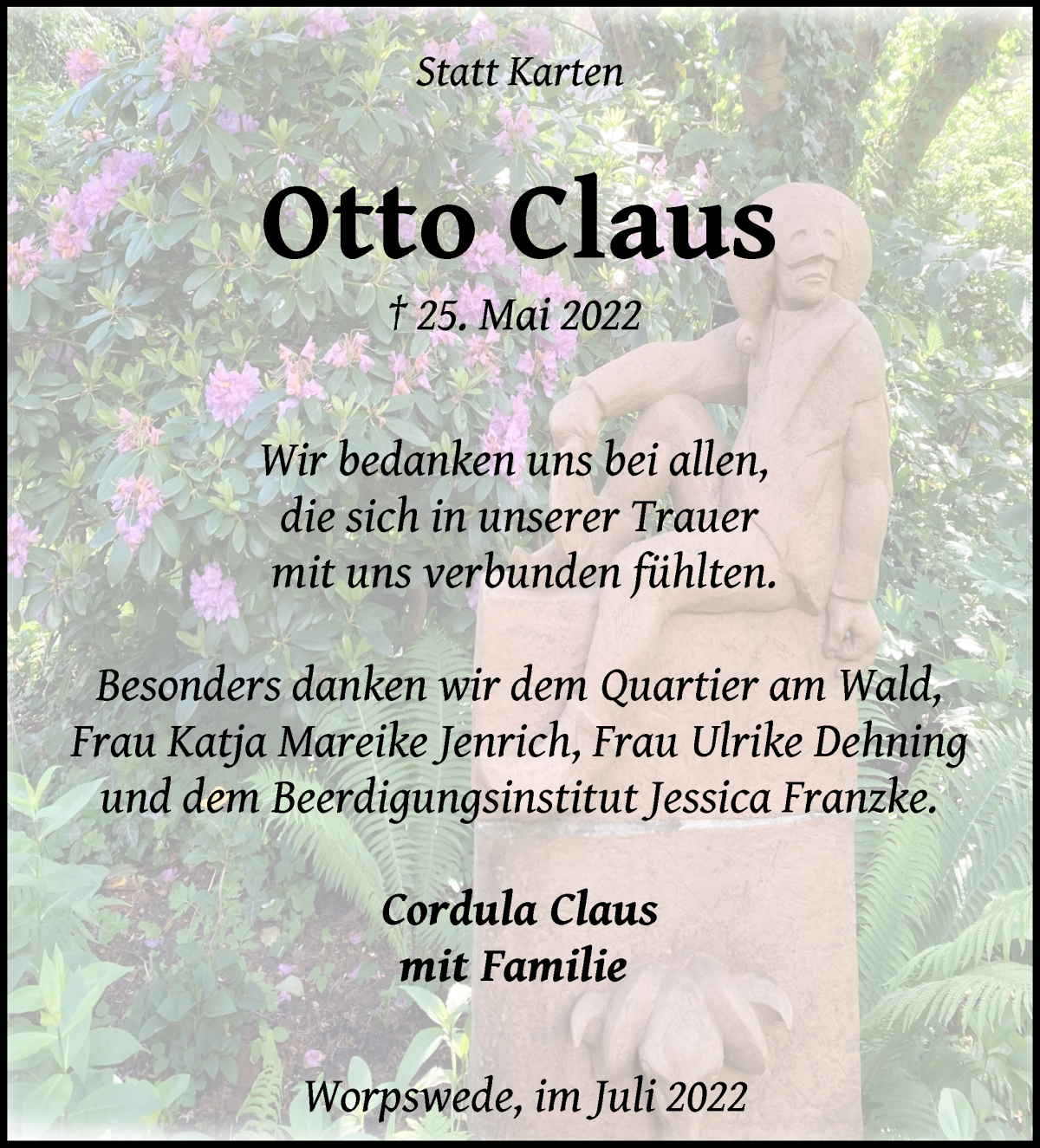 Traueranzeige von Otto Claus von Wuemme Zeitung