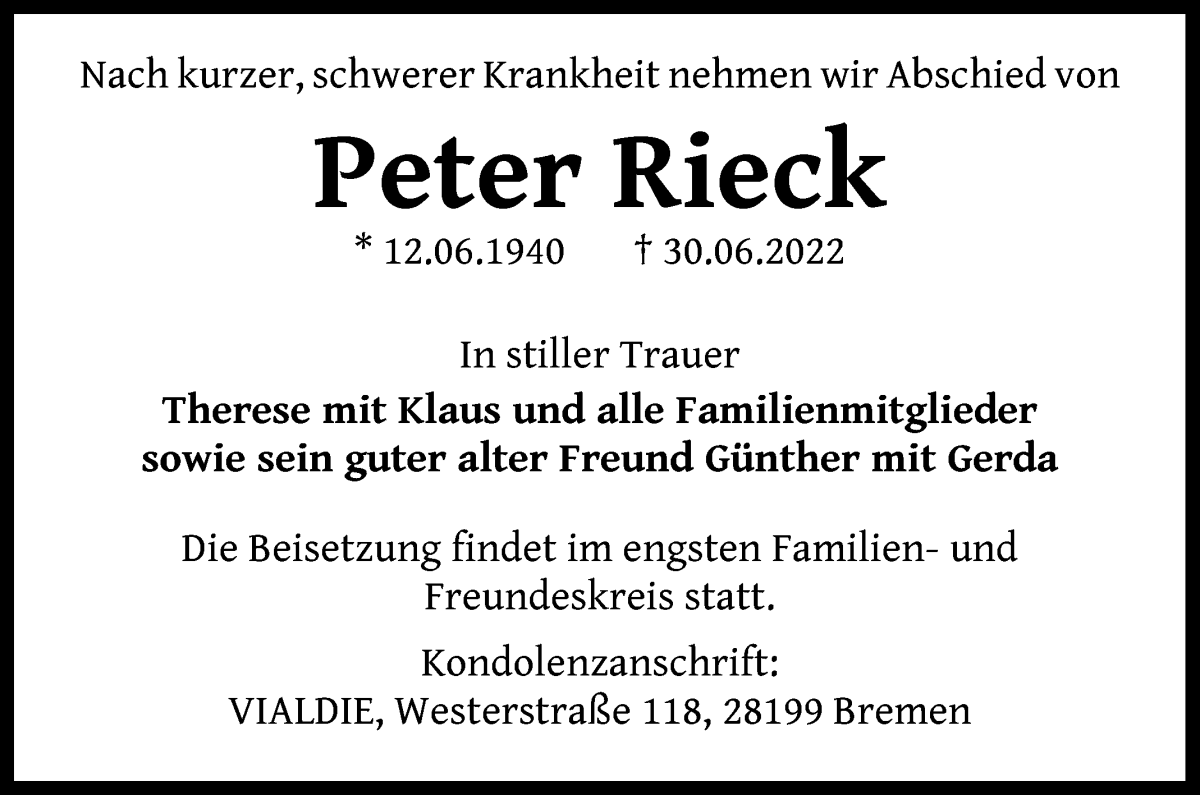 Traueranzeige von Peter Rieck von WESER-KURIER