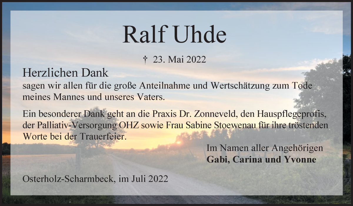 Traueranzeige von Ralf Uhde von Osterholzer Kreisblatt