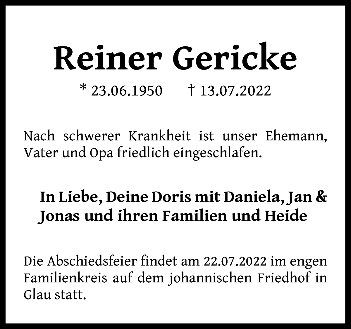 Traueranzeige von Reiner Gericke von WESER-KURIER