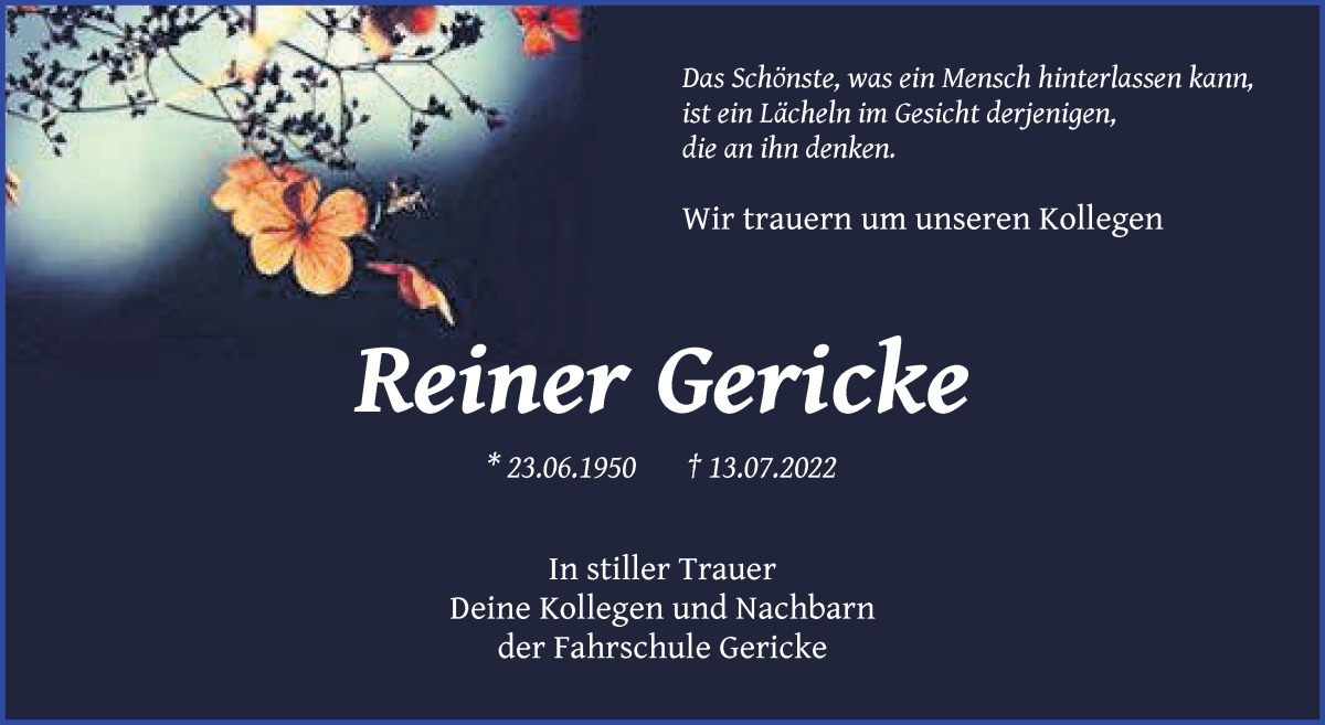 Traueranzeige von Reiner Gericke von WESER-KURIER