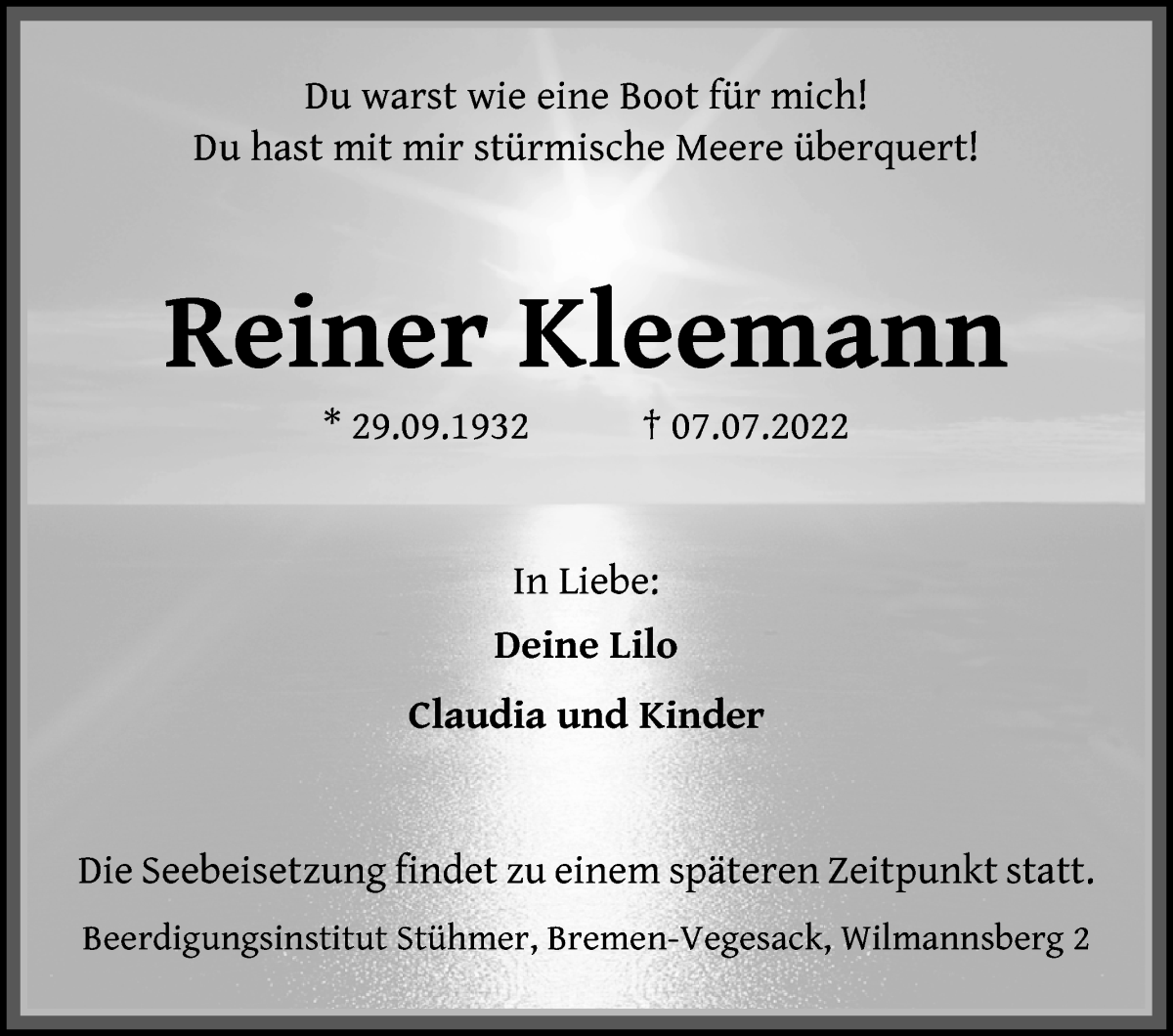 Traueranzeige von Reiner Kleemann von Die Norddeutsche