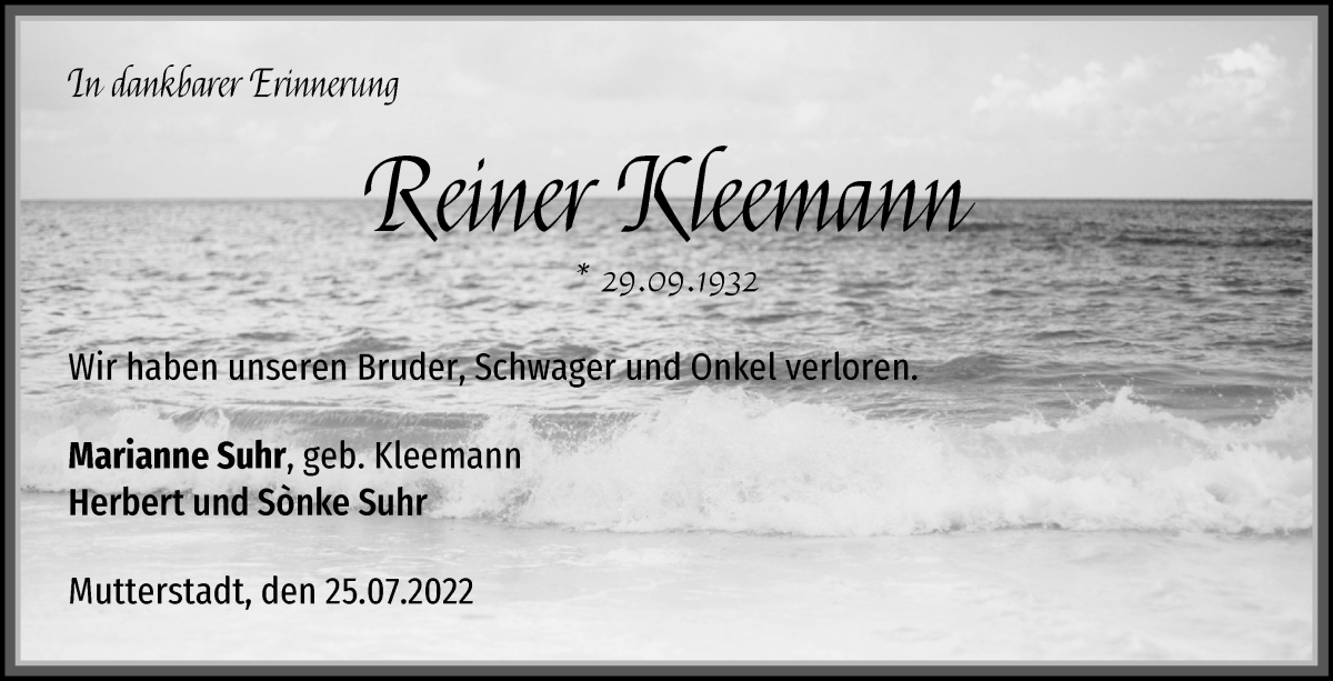 Traueranzeige von Reiner Kleemann von Die Norddeutsche