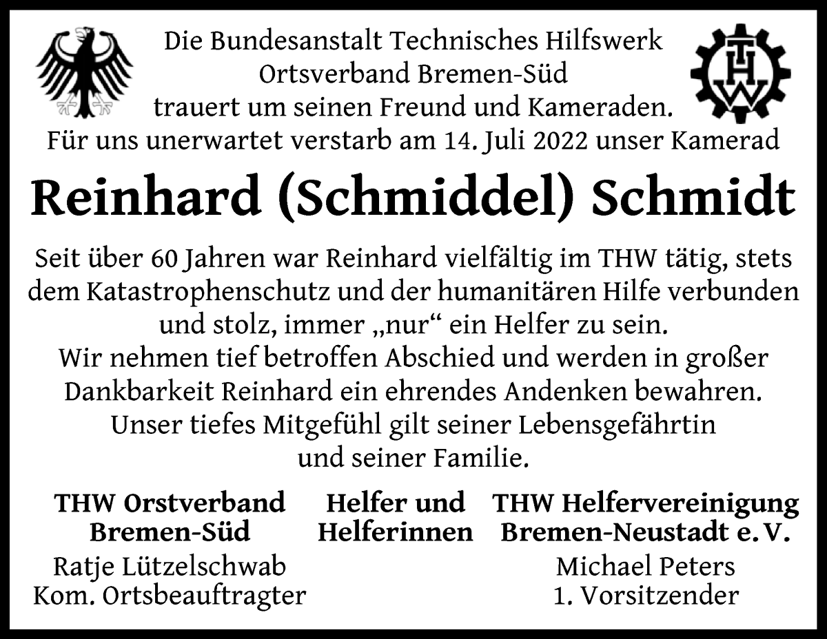 Traueranzeige von Reinhard (Schmiddel) Schmidt von WESER-KURIER