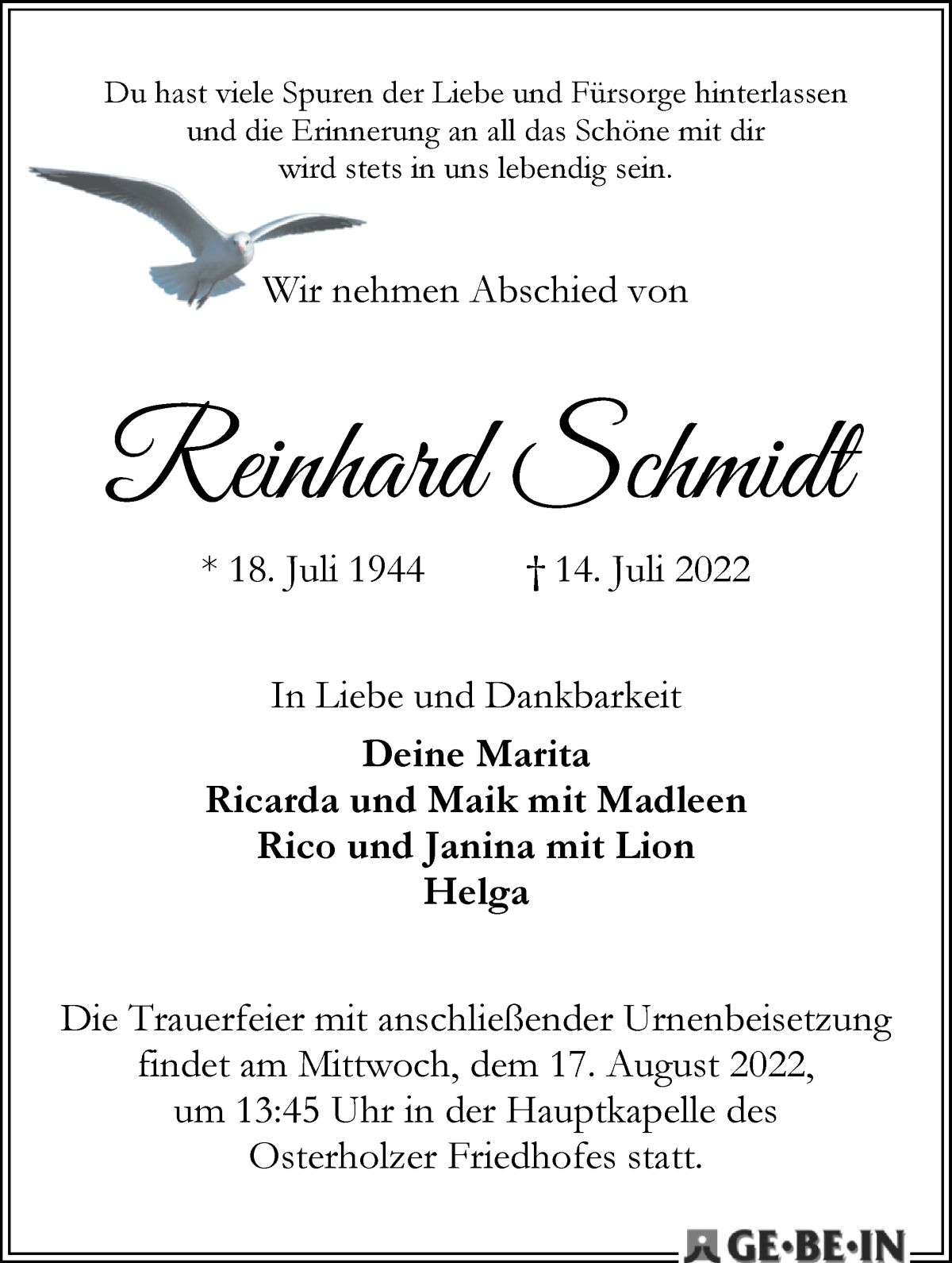 Traueranzeige von Reinhard Schmidt von WESER-KURIER