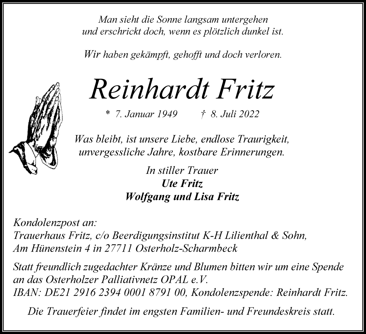 Traueranzeige von Reinhardt Fritz von Osterholzer Kreisblatt