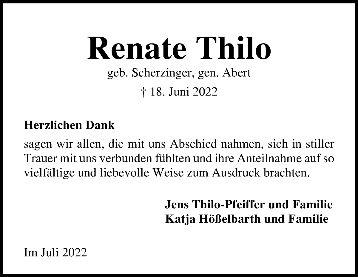 Traueranzeige von Renate Thilo von WESER-KURIER