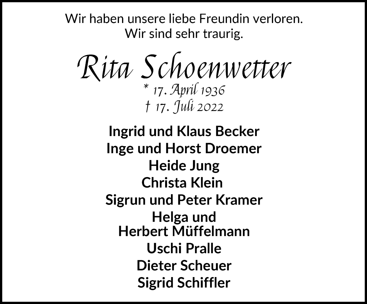 Traueranzeige von Rita Schoenwetter von WESER-KURIER