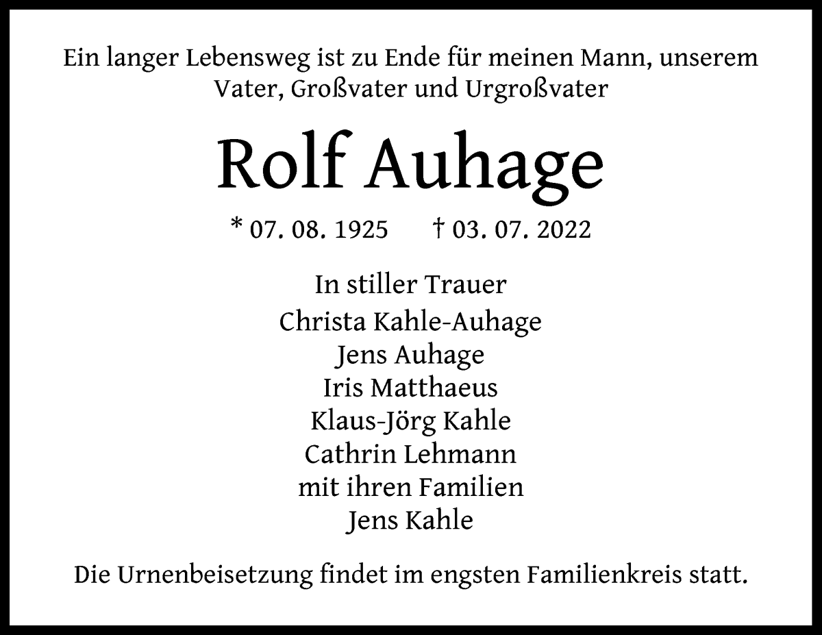 Traueranzeige von Rolf Auhage von WESER-KURIER