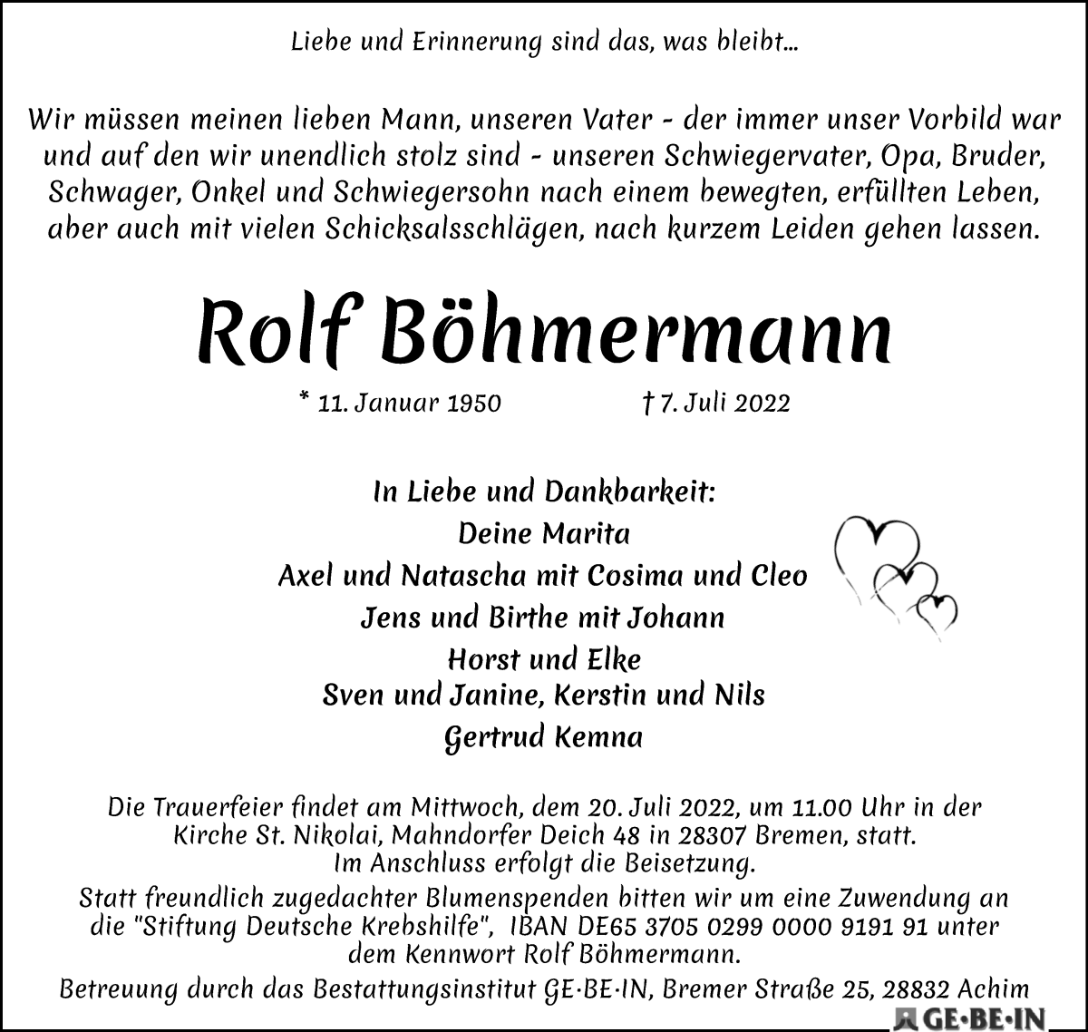 Traueranzeige von Rolf Böhmermann von WESER-KURIER