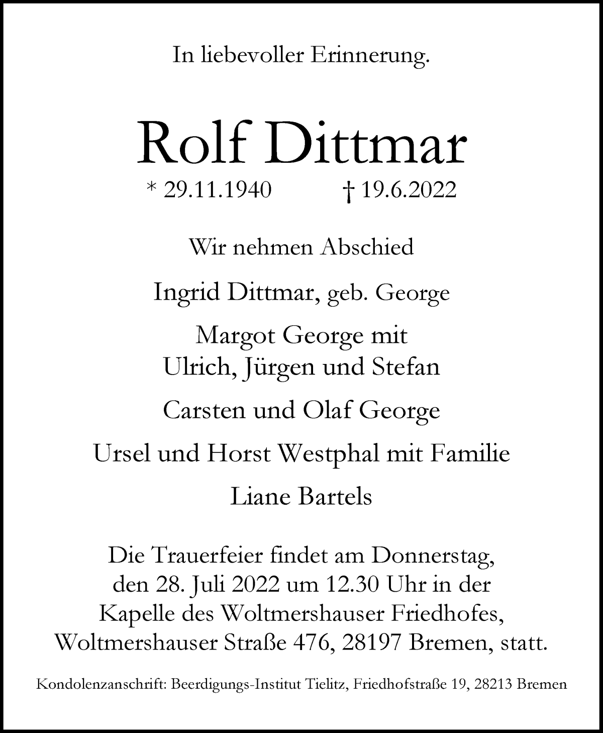 Traueranzeige von Rolf Dittmar von WESER-KURIER