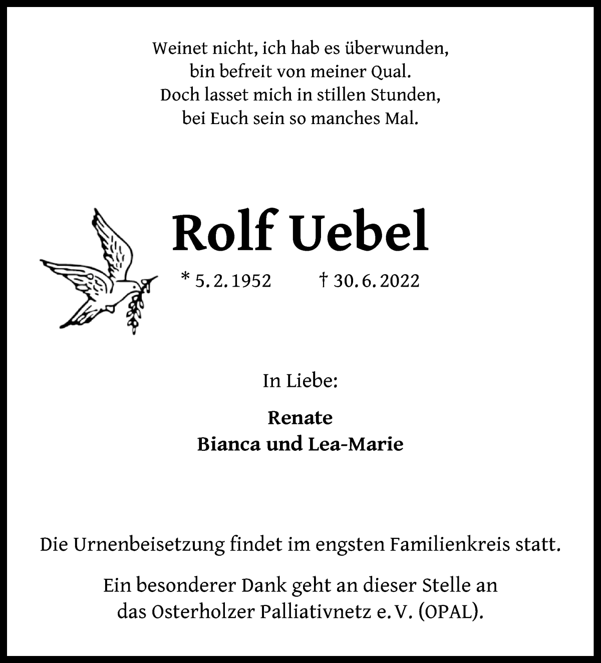 Traueranzeige von Rolf Uebel von Die Norddeutsche