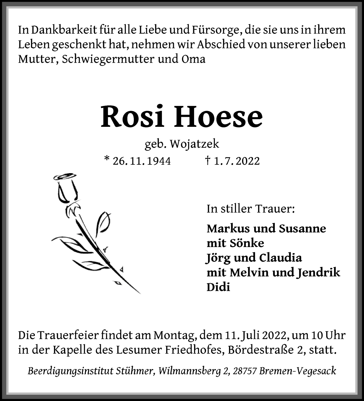Traueranzeige von Rosi Hoese von Die Norddeutsche