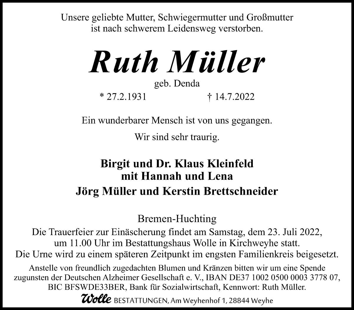 Traueranzeige von Ruth Müller von WESER-KURIER