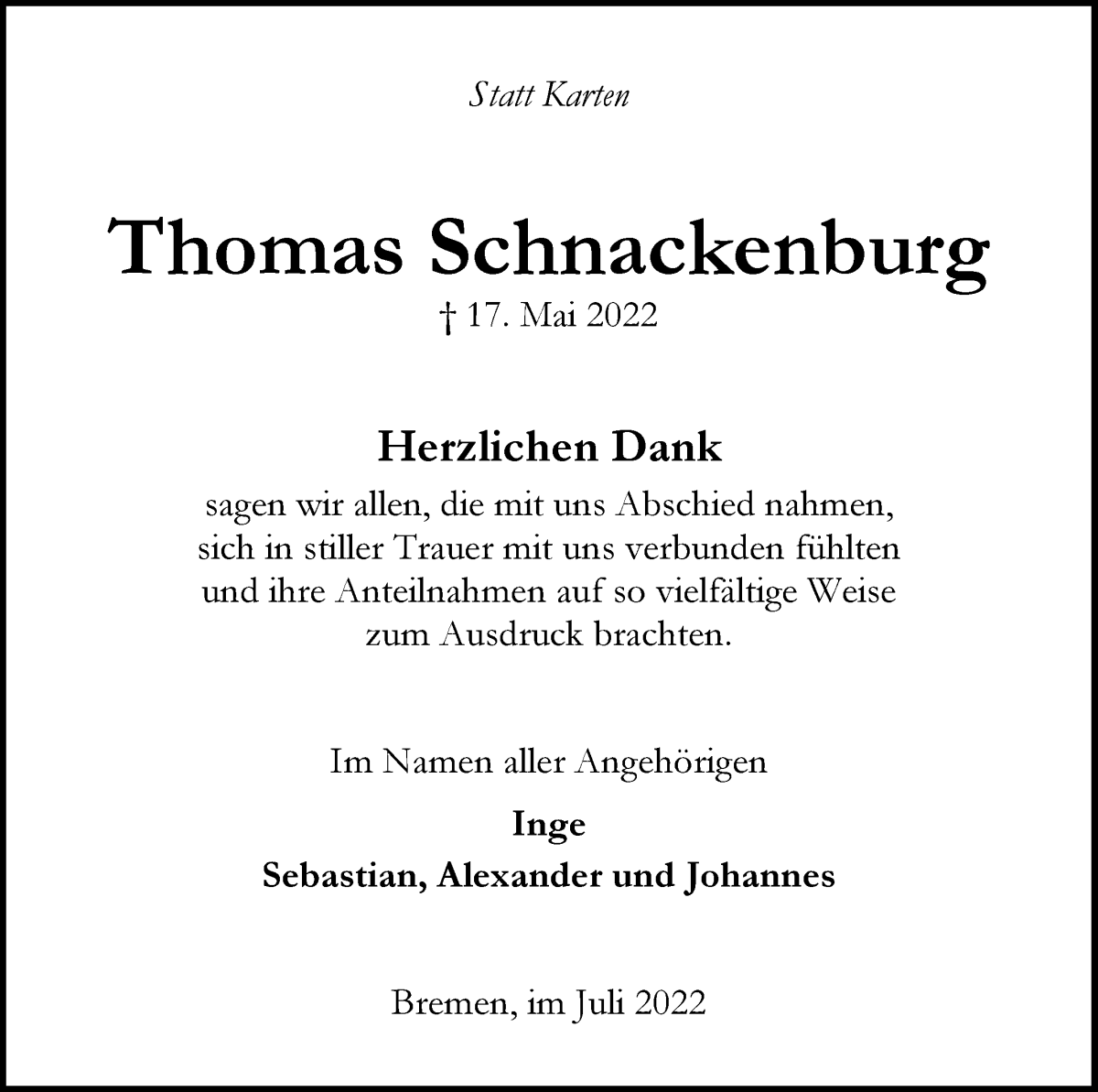Traueranzeige von Thomas Schnackenburg von WESER-KURIER