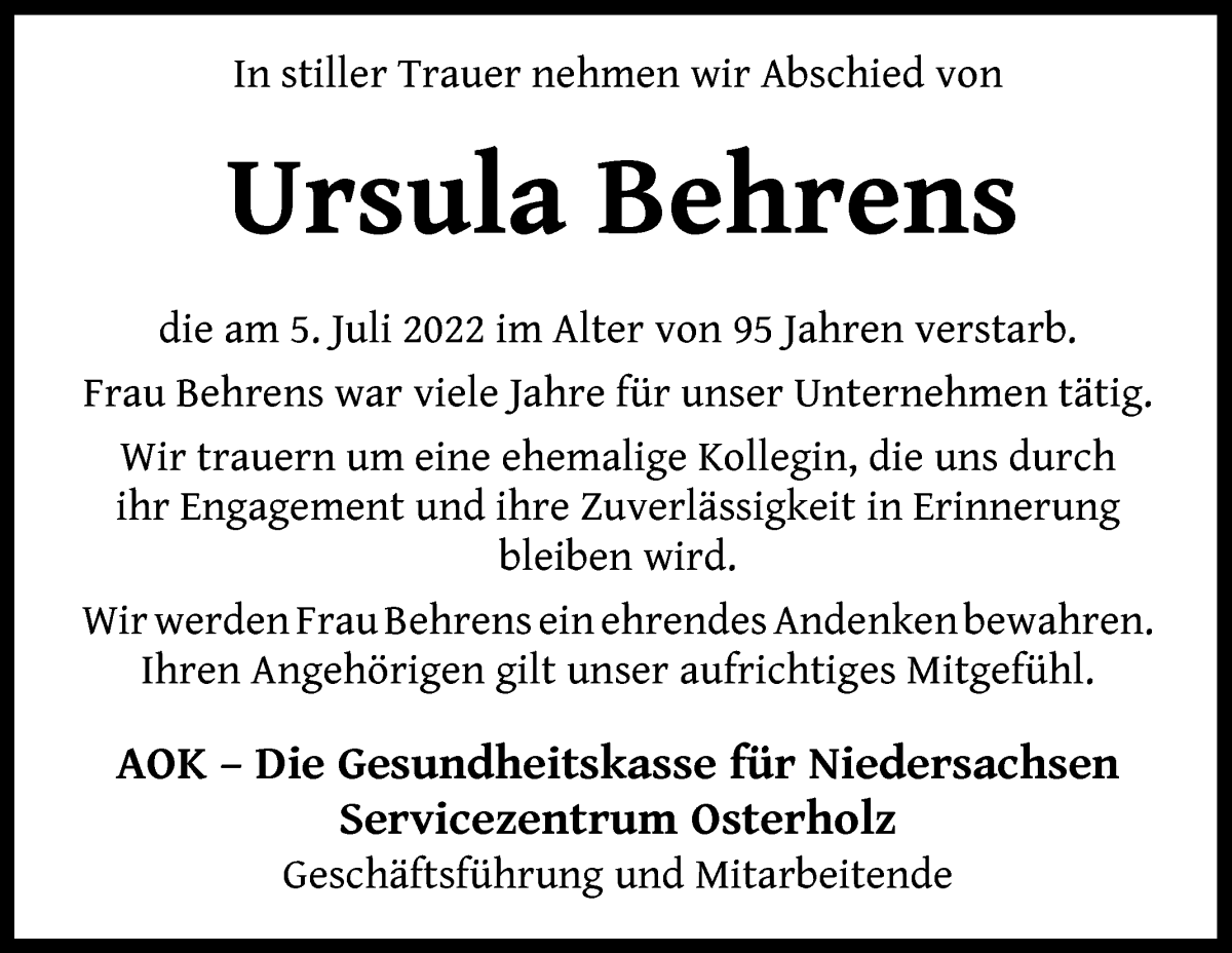 Traueranzeige von Ursula Behrens von Osterholzer Kreisblatt