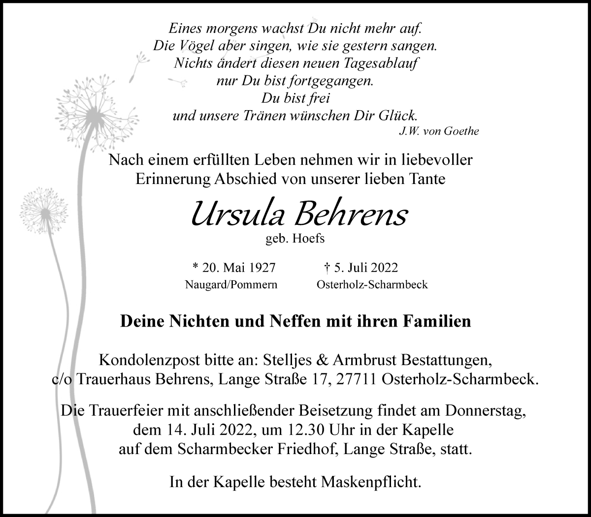 Traueranzeige von Ursula Behrens von Osterholzer Kreisblatt