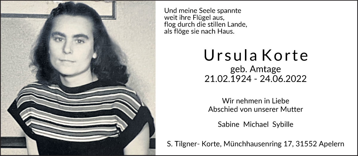Traueranzeige von Ursula Korte von Wuemme Zeitung
