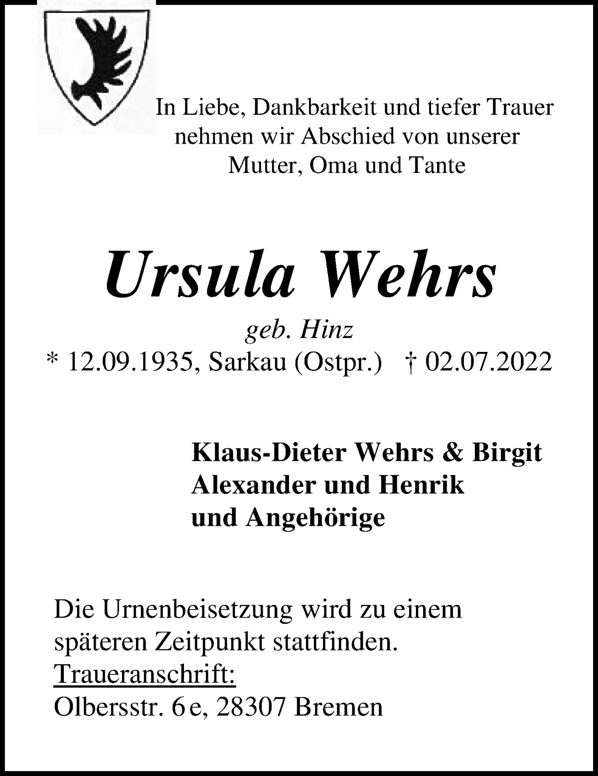 Traueranzeige von Ursula Wehrs von WESER-KURIER