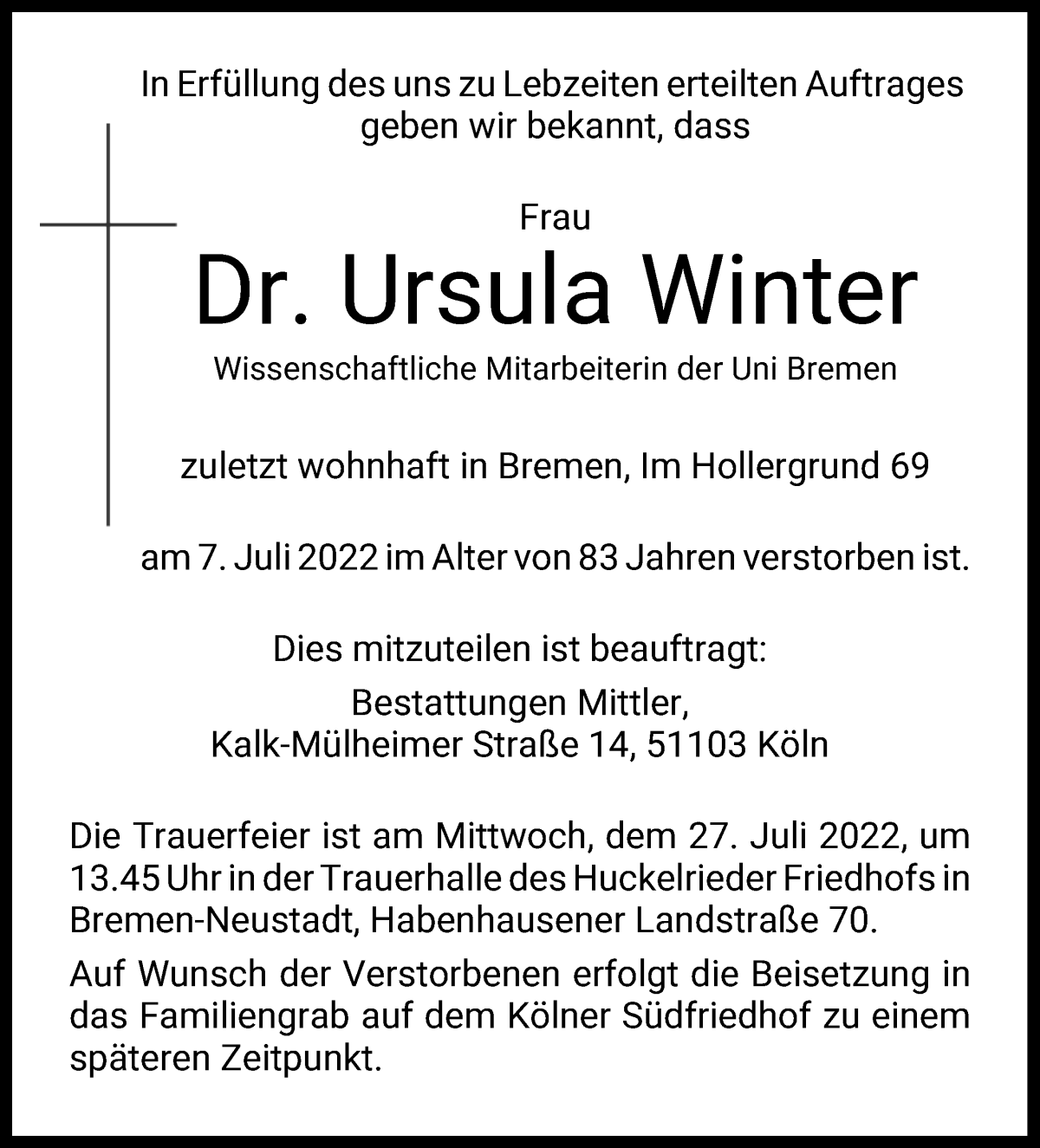 Traueranzeige von Ursula Winter von WESER-KURIER