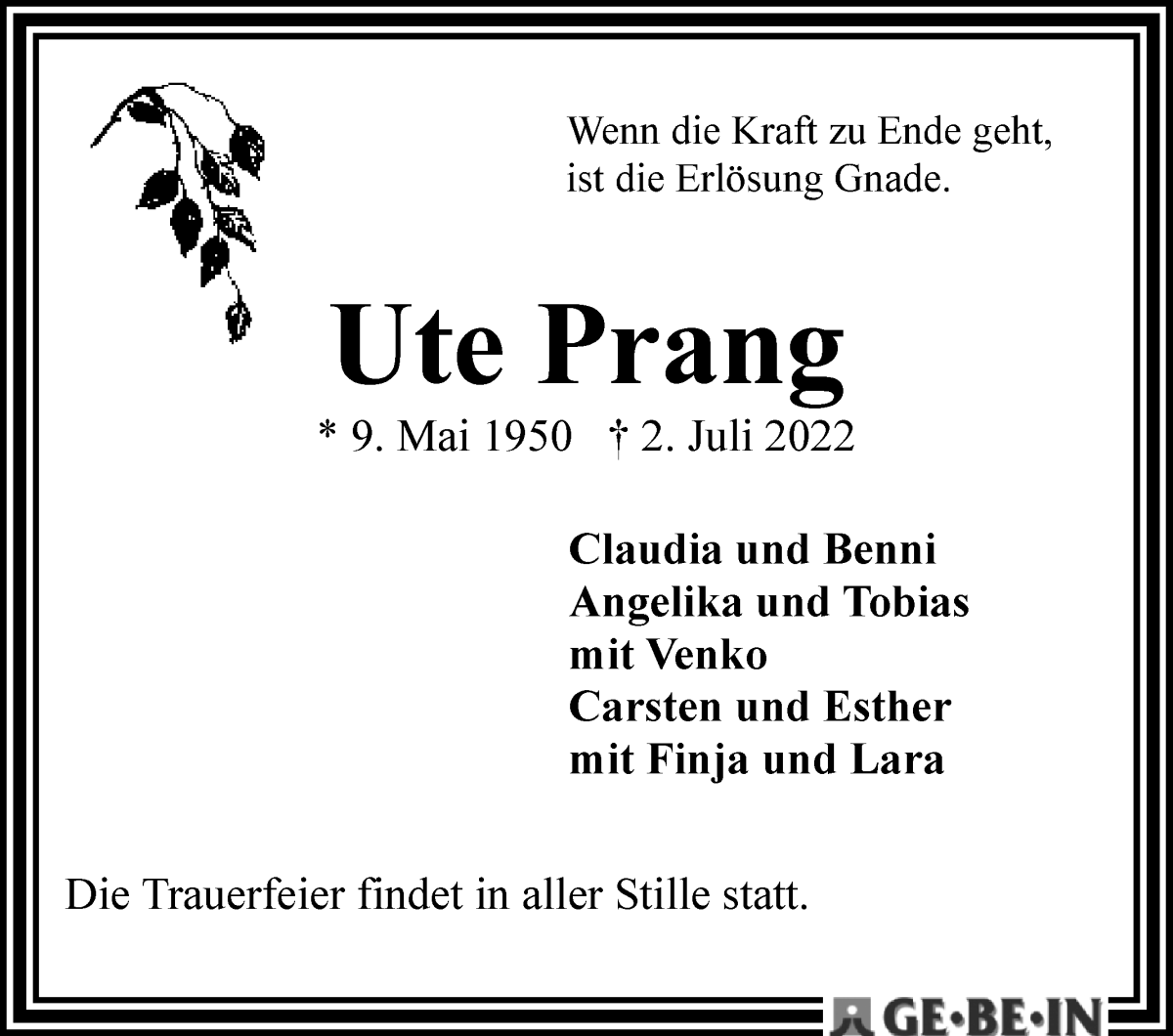Traueranzeige von Ute Prang von WESER-KURIER