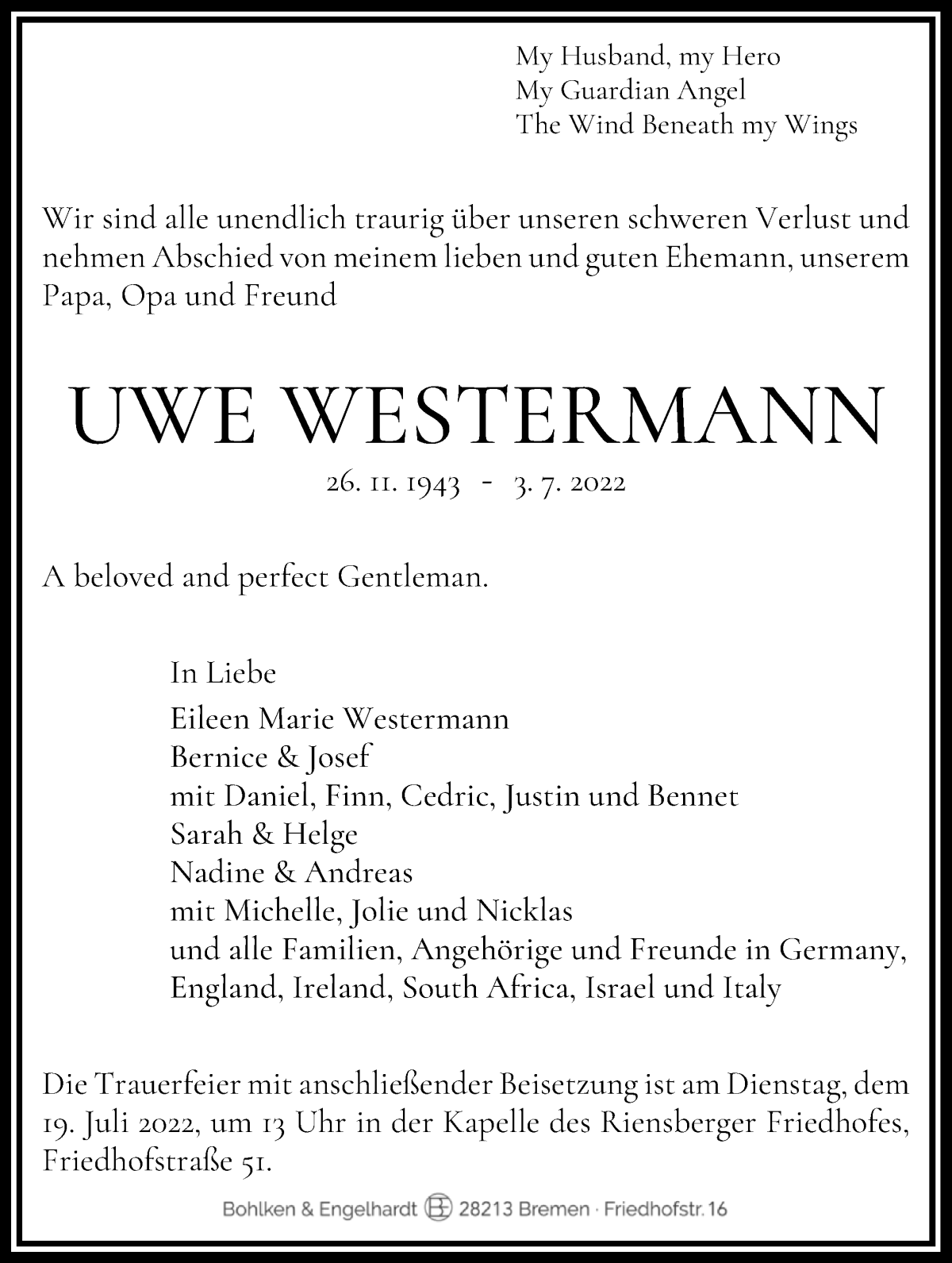 Traueranzeige von Uwe Westermann von WESER-KURIER