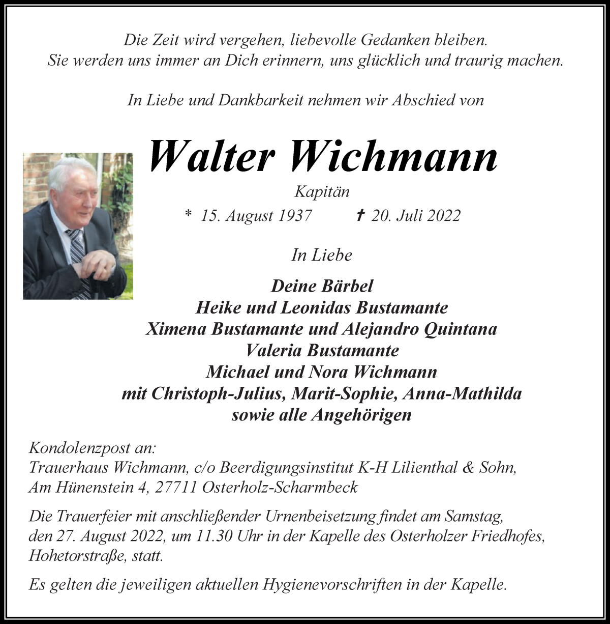 Traueranzeige von Walter Wichmann von Osterholzer Kreisblatt