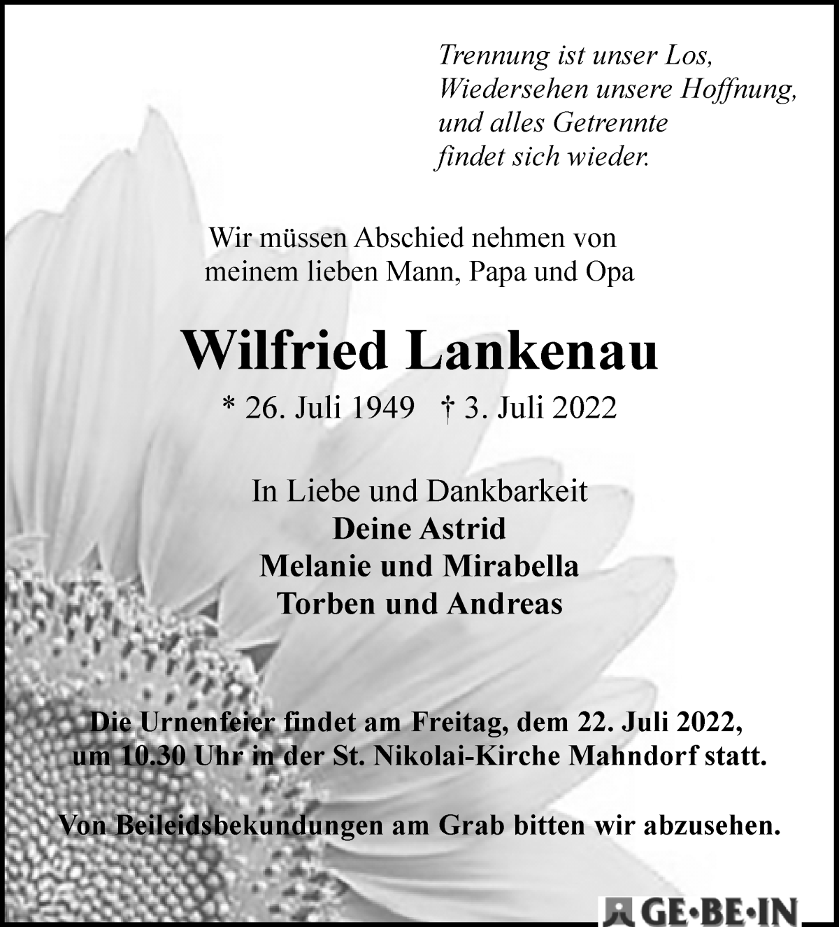 Traueranzeige von Wilfried Lankenau von WESER-KURIER