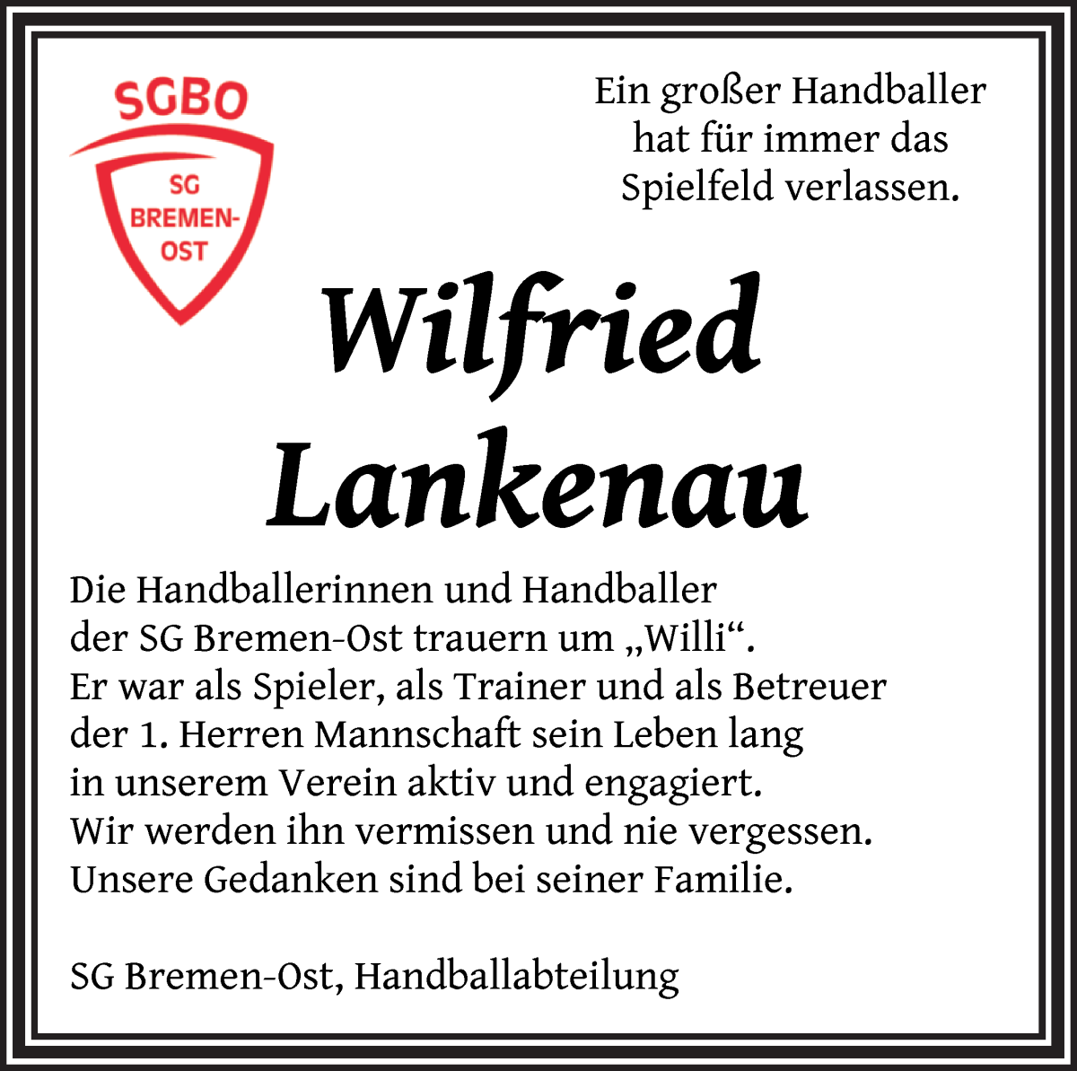 Traueranzeige von Wilfried Lankenau von WESER-KURIER