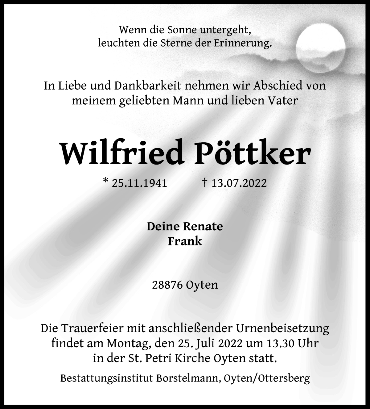 Traueranzeige von Wilfried Pöttker von WESER-KURIER