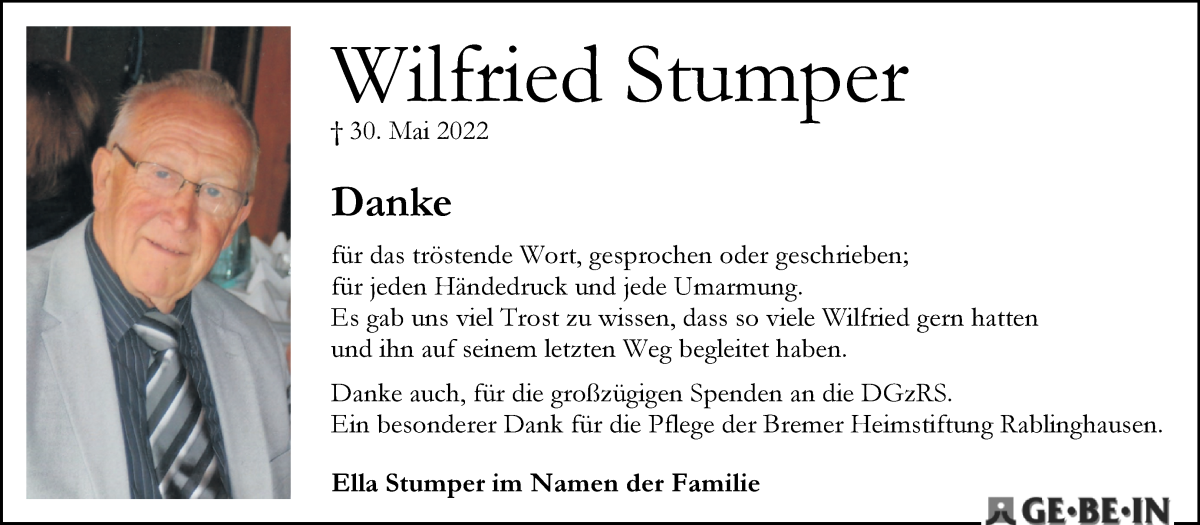 Traueranzeige von Wilfried Stumper von WESER-KURIER