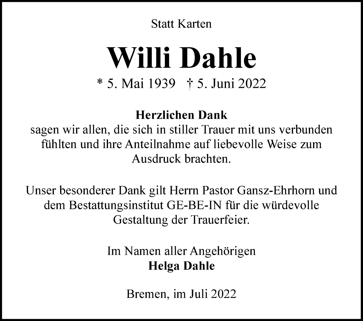 Traueranzeige von Willi Dahle von WESER-KURIER