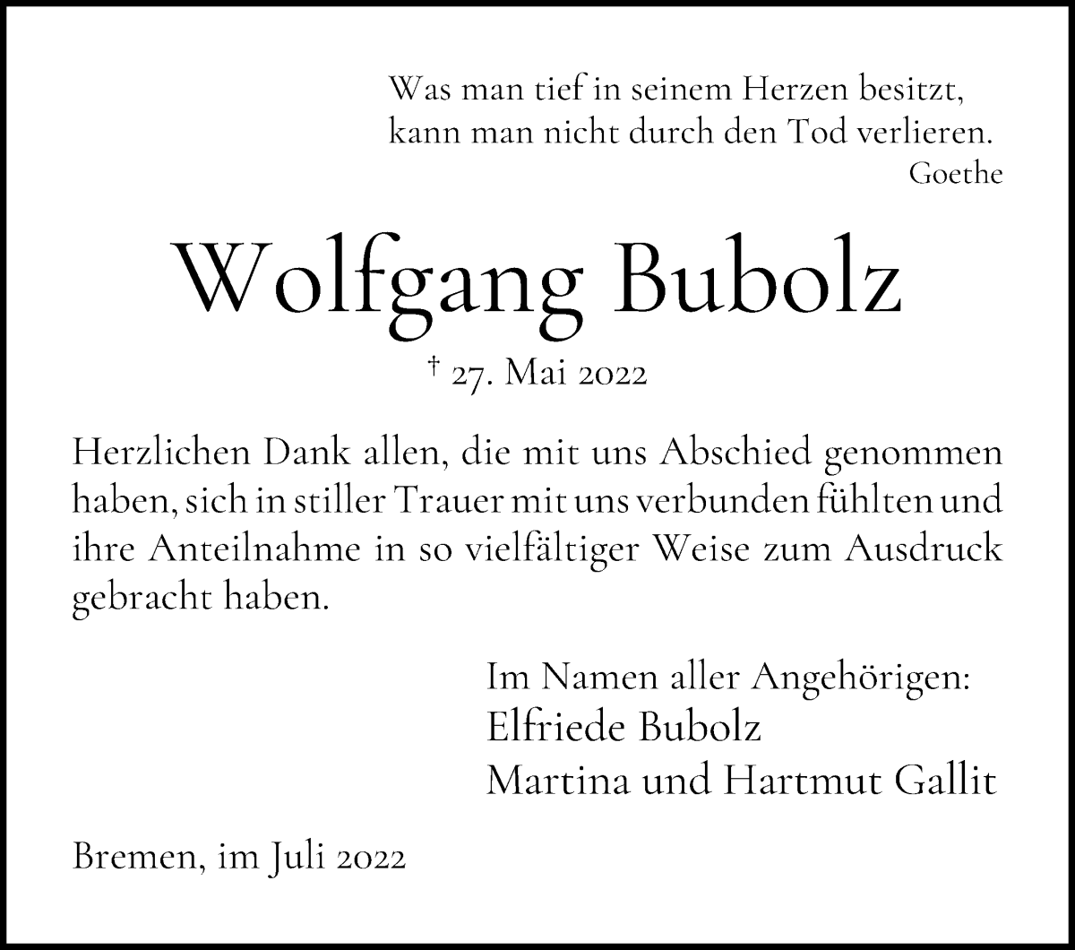 Traueranzeige von Wolfgang Bubolz von WESER-KURIER