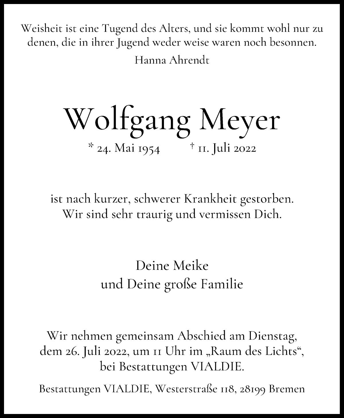 Traueranzeige von Wolfgang Meyer von WESER-KURIER
