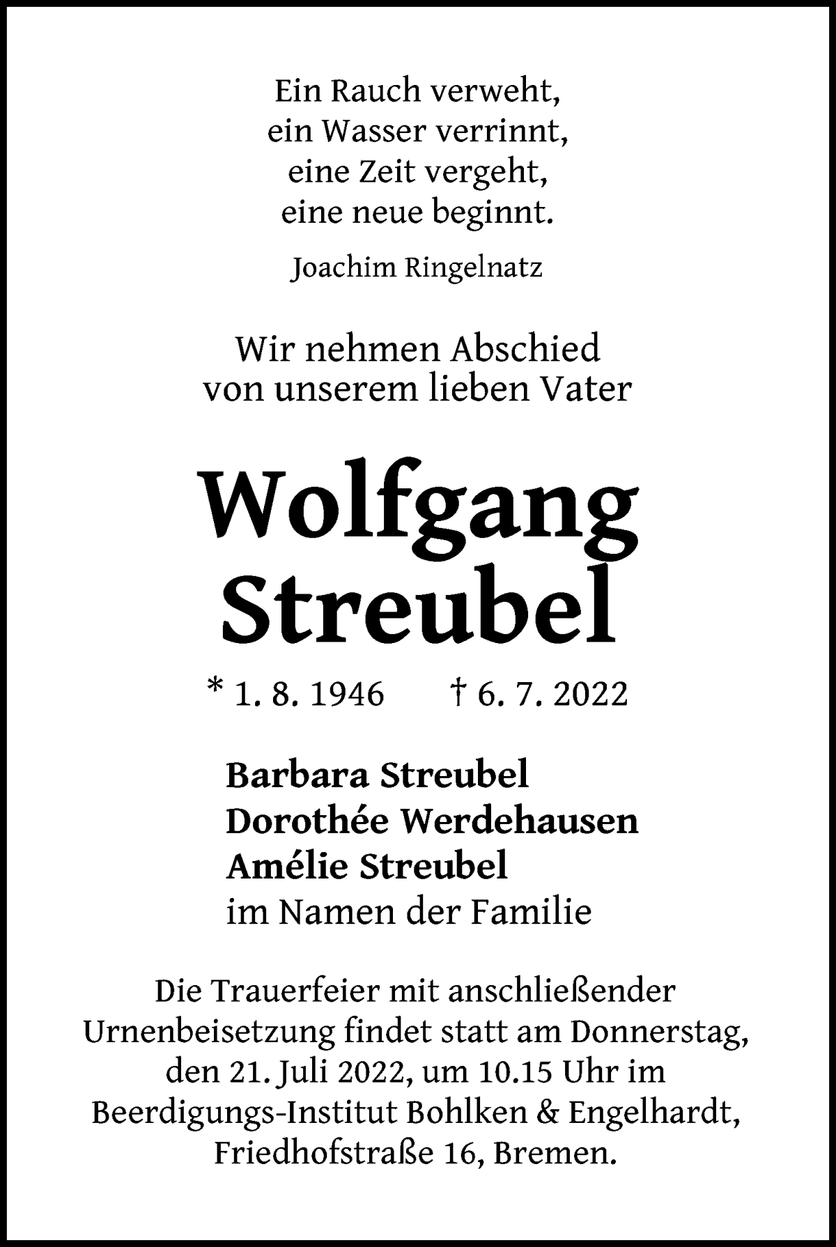 Traueranzeige von Wolfgang Streubel von WESER-KURIER