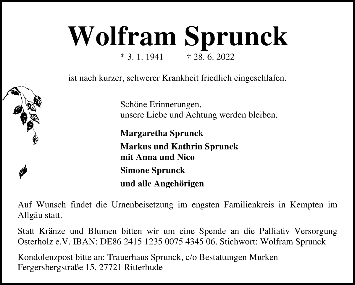 Traueranzeige von Wolfram Sprunck von Osterholzer Kreisblatt