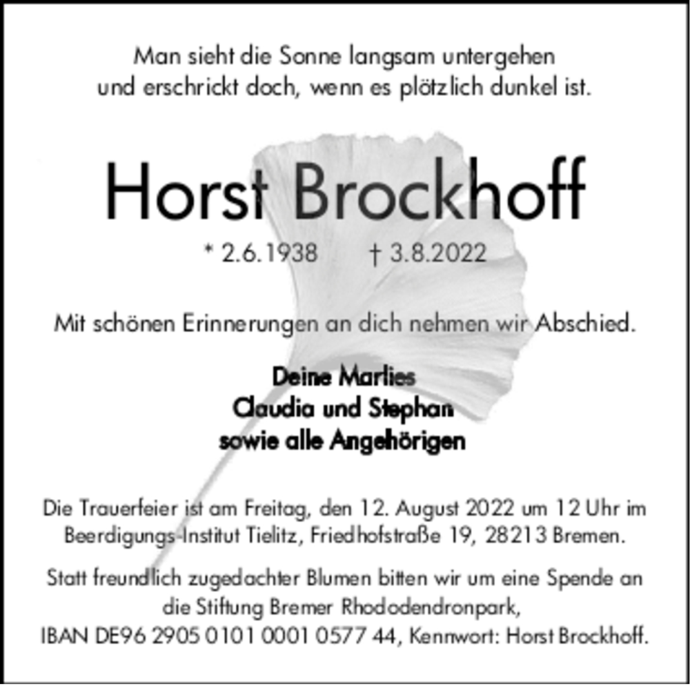 Traueranzeige von Horst Brockhoff von WESER-KURIER