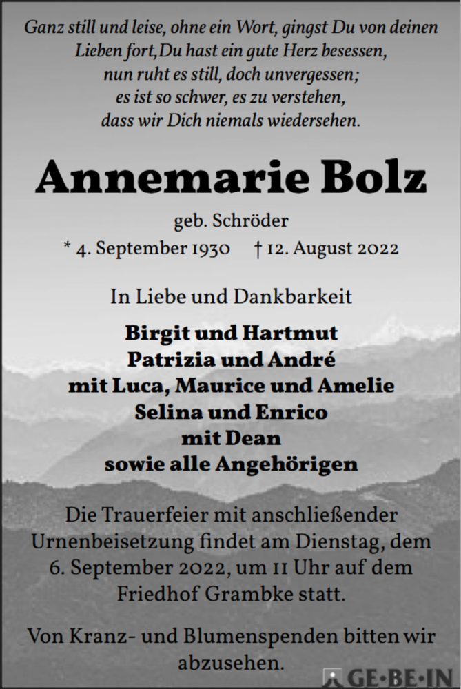 Traueranzeige von Annemarie Bolz von WESER-KURIER