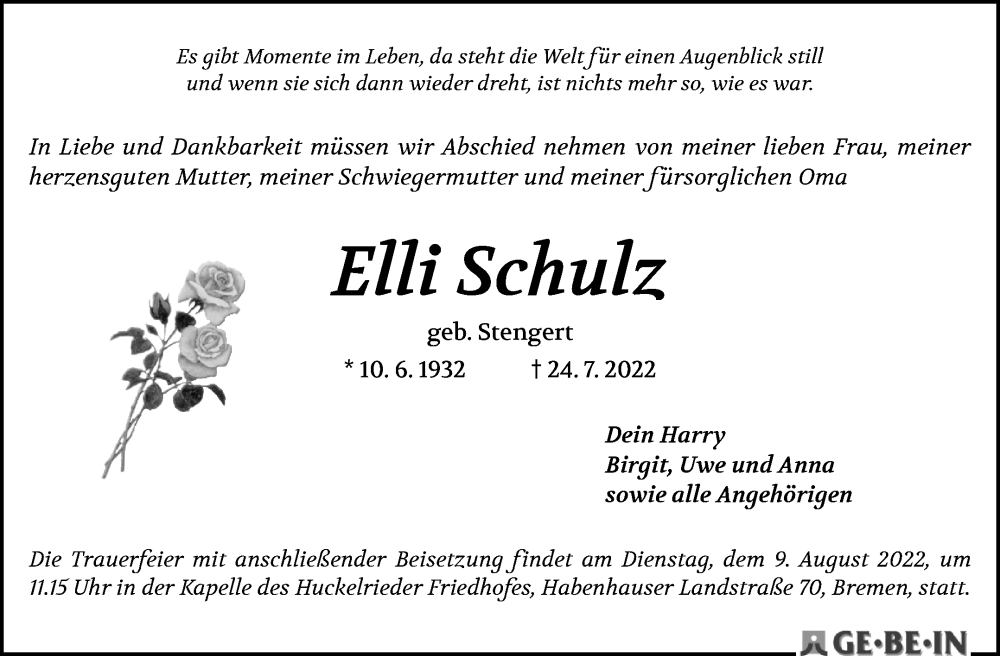 Traueranzeige von Elli Schulz von Weser Kurier Gesamtausgabe