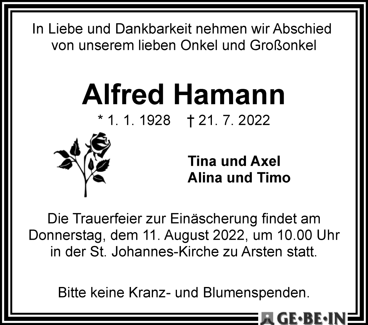 Traueranzeige von Alfred Hamann von WESER-KURIER