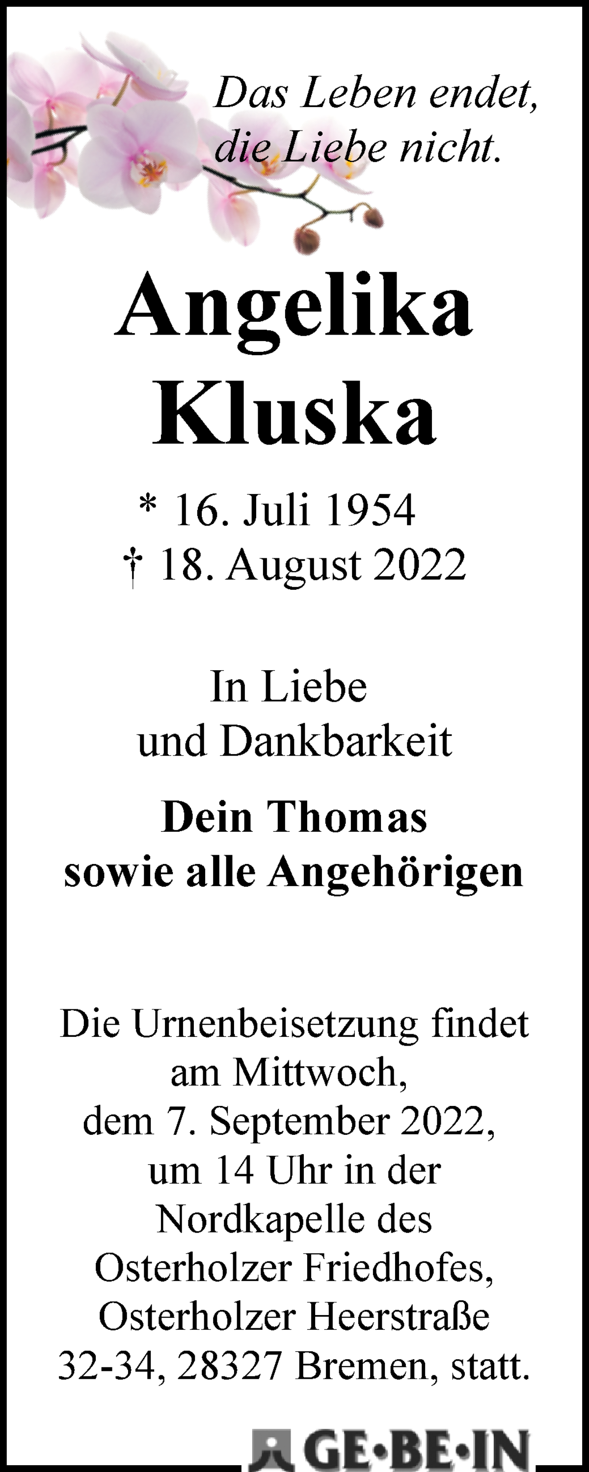 Traueranzeige von Angelika Kluska von WESER-KURIER