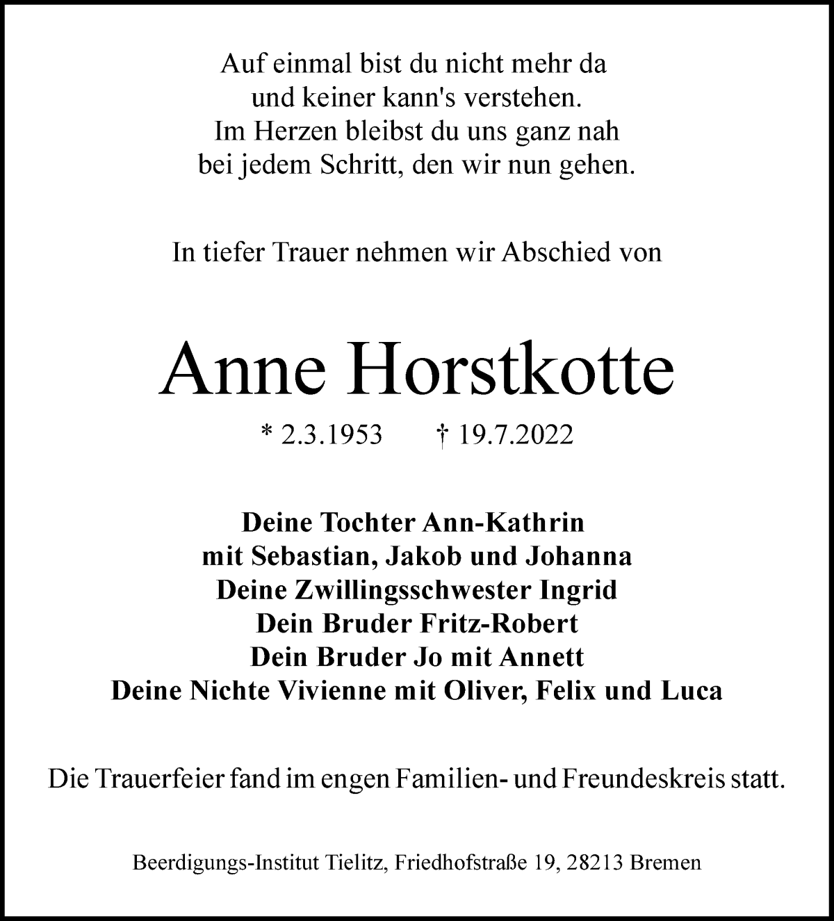 Traueranzeige von Anne Horstkotte von WESER-KURIER