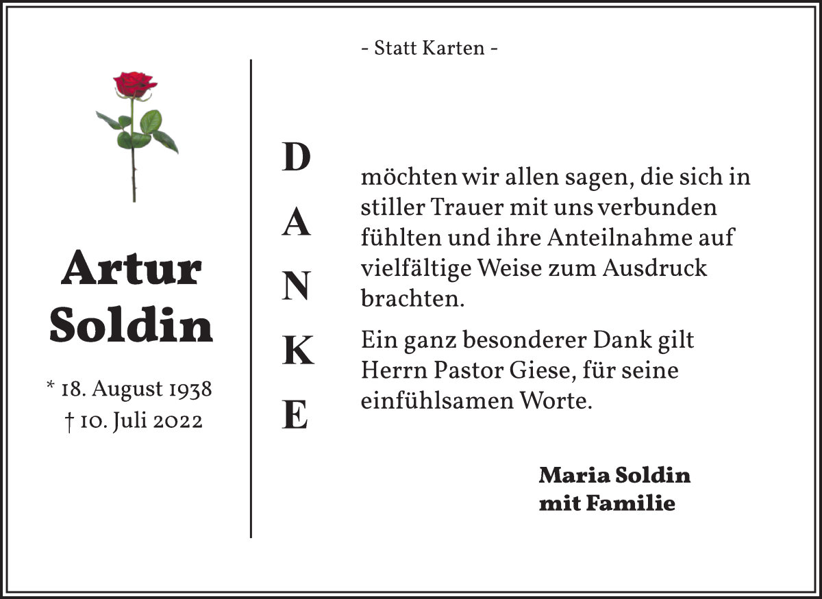 Traueranzeige von Artur Soldin von Die Norddeutsche