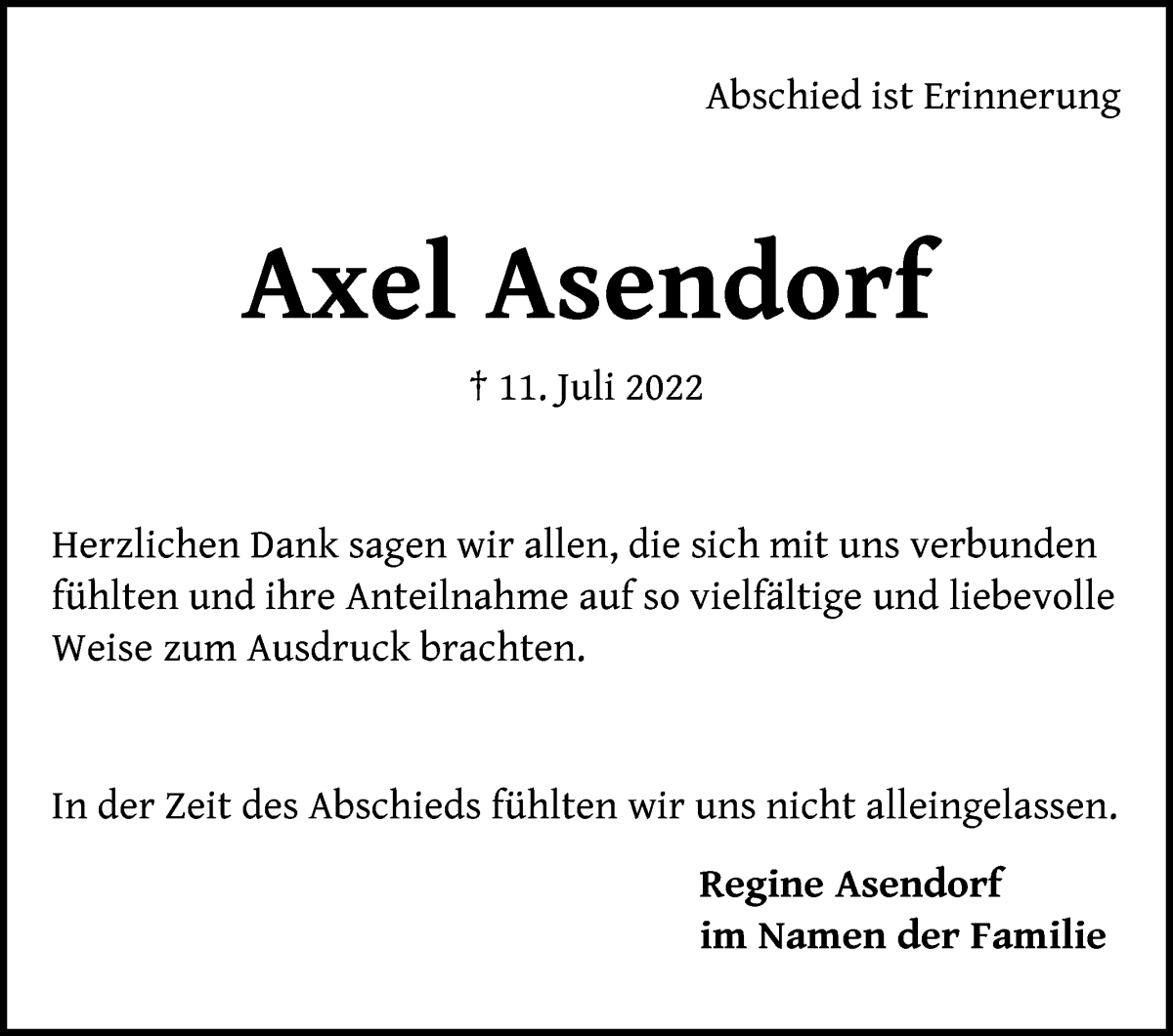 Traueranzeige von Axel Asendorf von WESER-KURIER